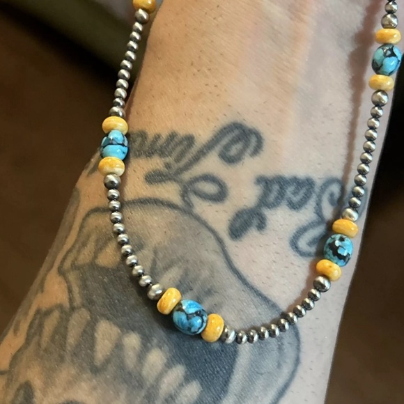 Sterling silver Native American Navajo pearl 18” 3mm pearls 6mm turquoise spiny - Picture 6 of 9